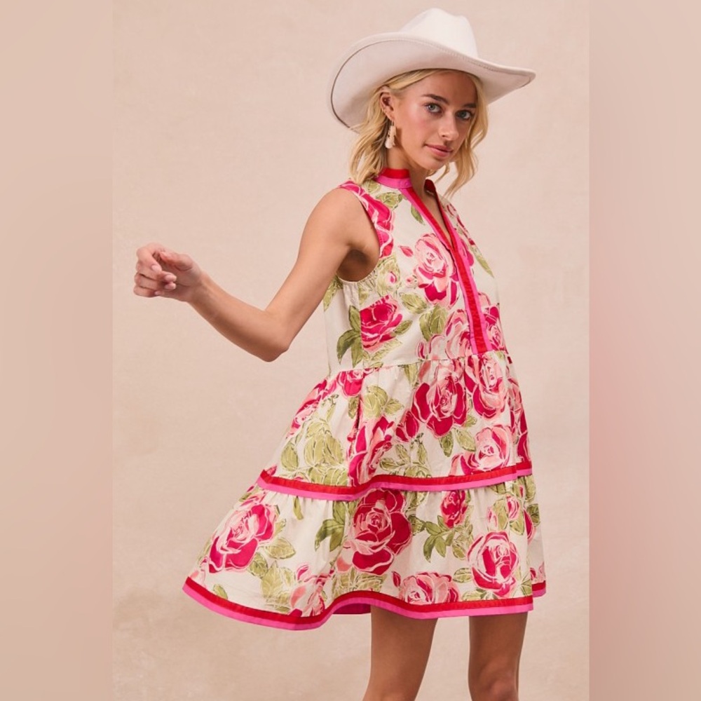Pink Green rose floral stitched cotton v neck boho bohemian western summer dress - Picture 4 of 8